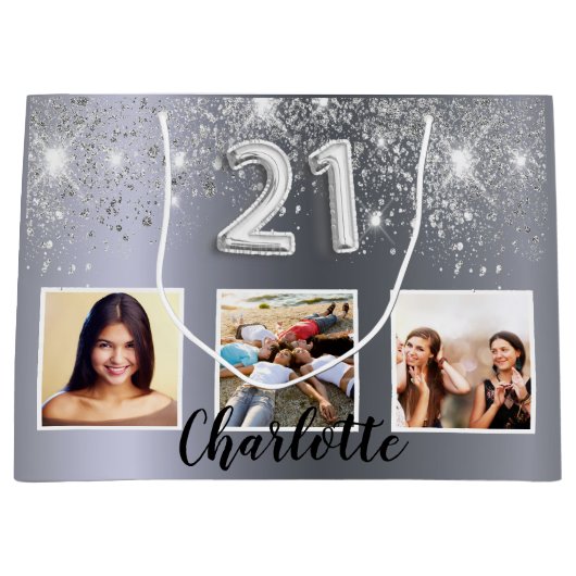 21e verjaardag zilveren glitter foto groot cadeauzakje (Voorkant)