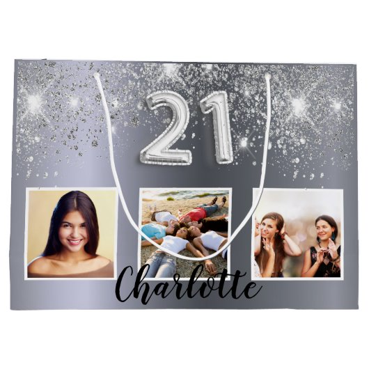 21e verjaardag zilveren glitter foto groot cadeauzakje (Achterkant)