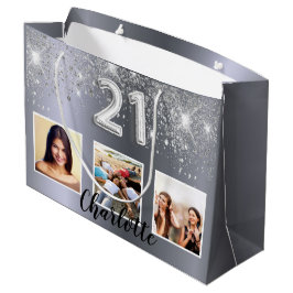21e verjaardag zilveren glitter foto groot cadeauzakje