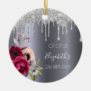 21e verjaardag zilveren glitters glazuur bloemrijk keramisch ornament