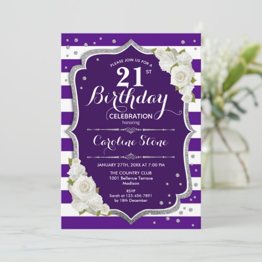 21e Verjaardag - Zilveren Paarse witte strepen Roz Kaart (Staand voorkant)
