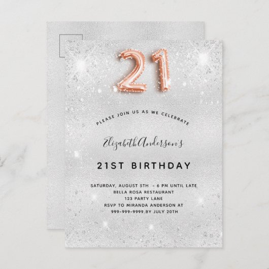 21e verjaardag zilveren roos uitnodiging briefkaart (Voorkant / Achterkant)