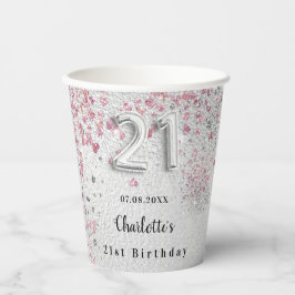 21e verjaardag zilveren roze glitter naam papieren bekers