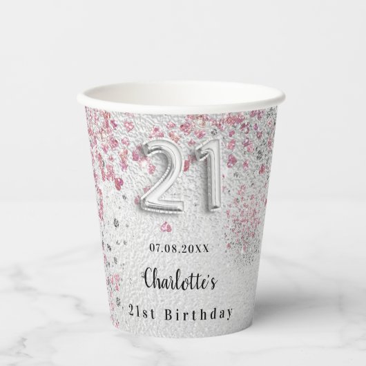 21e verjaardag zilveren roze glitter naam papieren bekers (Voorkant)