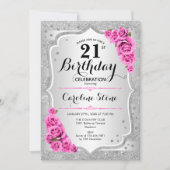 21e verjaardag - Zilveren strepen roze rozen Kaart (Voorkant)