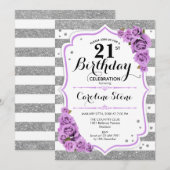 21e verjaardag - zilveren witte strepen Paarse Roz Kaart (Voorkant / Achterkant)