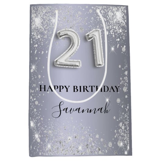 21e verjaardag zilverglitterstofmonogram medium cadeauzakje (Voorkant)