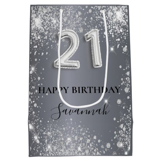21e verjaardag zilverglitterstofmonogram medium cadeauzakje (Achterkant)