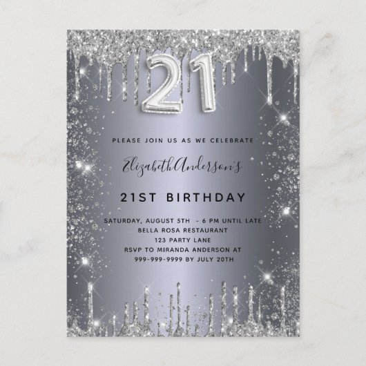 21e verjaardag zilvermetalen glitterstofglazuur uitnodiging briefkaart (Voorkant)