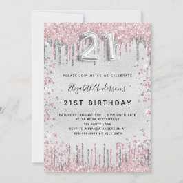 21e verjaardag zilverroze metalen glitterstof kaart