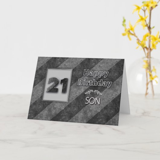 21e VERJAARDAG, zoon, Grunge Grey Stripes Kaart (Gele Bloem)