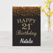 21e Verjaardag Zwart en Goud Glitter Kaart (Gele Bloem)