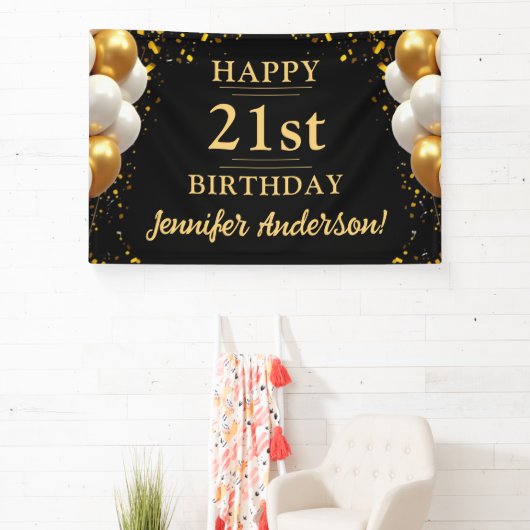 21e verjaardag zwart en goud spandoek (Insitu)