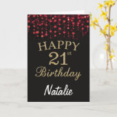 21e Verjaardag Zwart en Rood Goud Glitter Kaart (Gele Bloem)