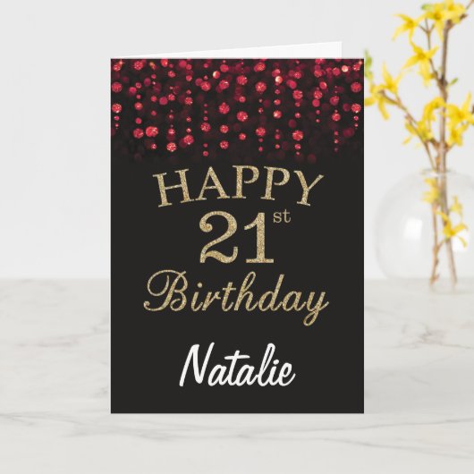 21e Verjaardag Zwart en Rood Goud Glitter Kaart (Gele Bloem)