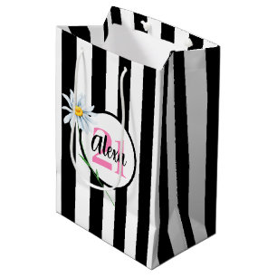 21e verjaardag Zwart en wit strepen Medium Cadeauzakje