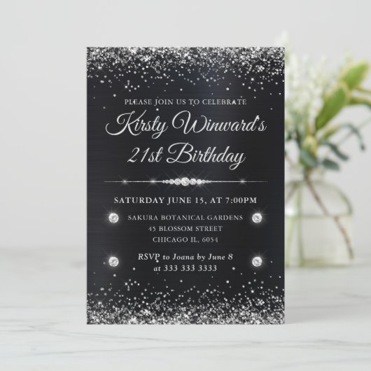 21e verjaardag zwart en zilver metaalglitter kaart (Staand voorkant)