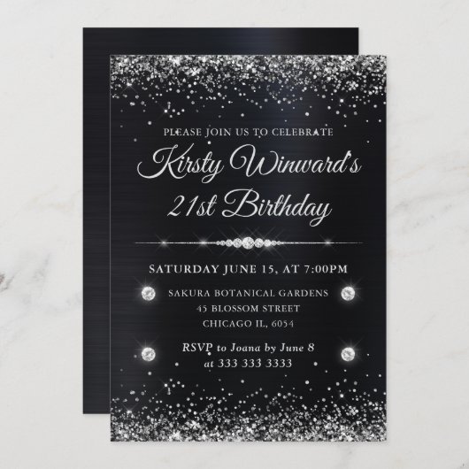 21e verjaardag zwart en zilver metaalglitter kaart (Voorkant / Achterkant)
