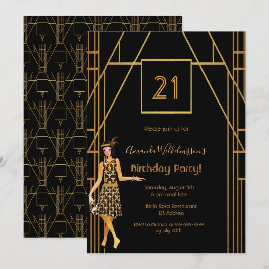 21e verjaardag zwart goud 1920 art deco kaart (Voorkant / Achterkant)