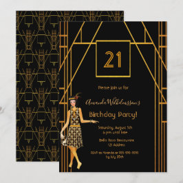 21e verjaardag zwart goud 1920 art deco kaart