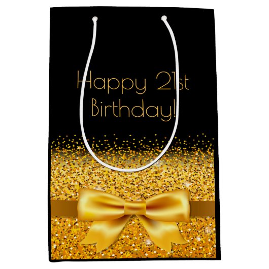 21e verjaardag zwart goud boog medium cadeauzakje (Voorkant)