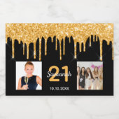 21e verjaardag zwart goud glitter druppelt foto sparkling wijnetiket (Enkel label)