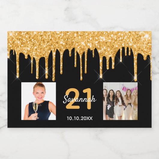 21e verjaardag zwart goud glitter druppelt foto sparkling wijnetiket (Enkel label)