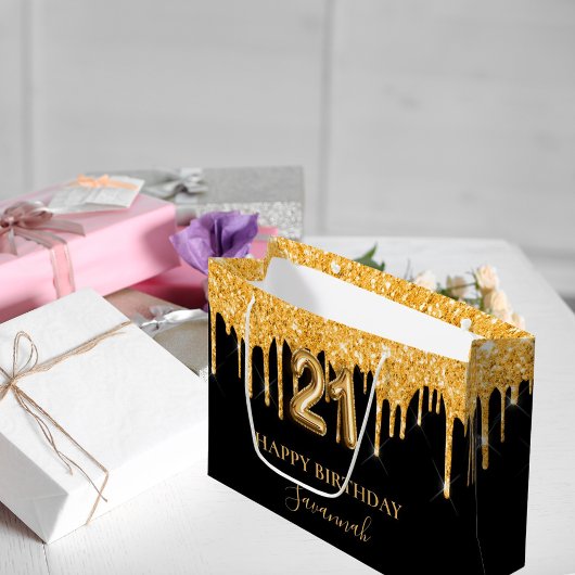 21e verjaardag zwart goud glitter druppelt naam groot cadeauzakje