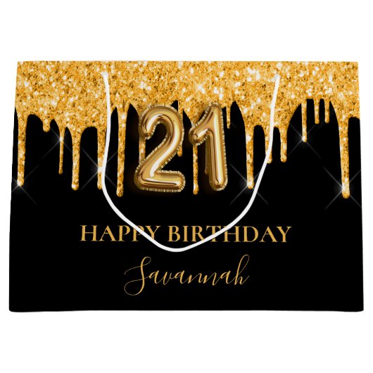 21e verjaardag zwart goud glitter druppelt naam groot cadeauzakje (Voorkant)