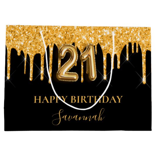 21e verjaardag zwart goud glitter druppelt naam groot cadeauzakje (Achterkant)