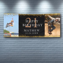 21e Verjaardag Zwart & Goud Glitter Feest Banner