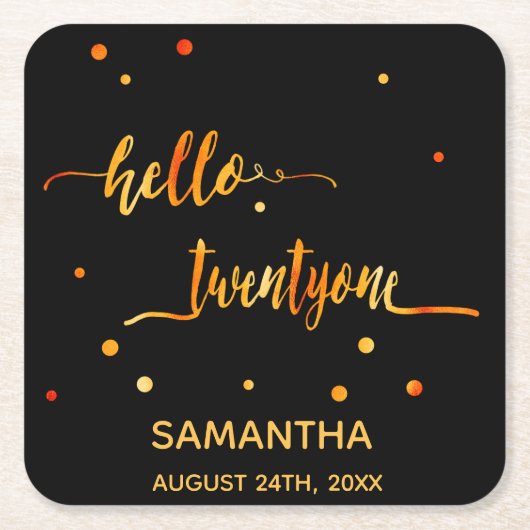 21e verjaardag zwart goud hallo 21 naam script kartonnen onderzetters (Voorkant)