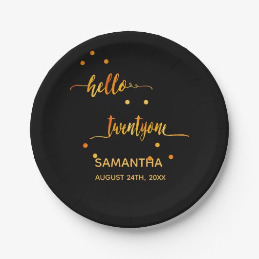 21e verjaardag zwart goud hallo 21 naamscript papieren bordje (Voorkant)