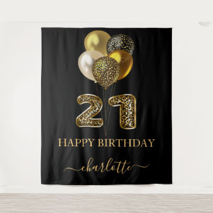 21e verjaardag zwart goud luipaard naam schrift wandkleed
