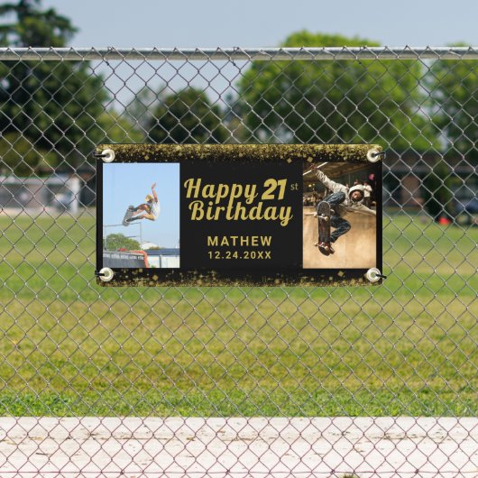 21e verjaardag zwart-gouden foto Glitter Spandoek (Insitu)