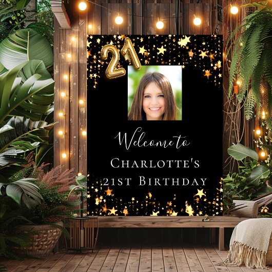21e verjaardag zwart gouden sterren foto welkom poster