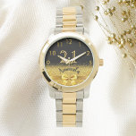 21e verjaardag zwart goudmonogram horloge<br><div class="desc">Elegant, klassiek, glamoureus en vrouwelijk. Een faux goudkleurige boog en lint met gouden glitter en glans, een beetje verbijsterend en luxe voor een verjaardagscadeau of een cadeau. Zwarte achtergrond. Sjablonen voor haar naam en de leeftijd van 21 jaar. De naam wordt geschreven met een modern handgeschreven stijlmanuscript met letters. Goudkleurige...</div>