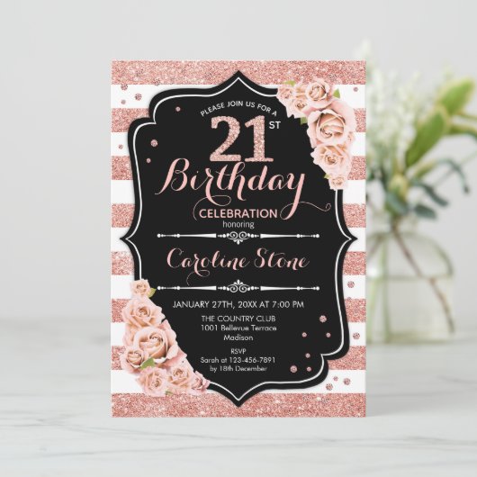 21e verjaardag zwart Roos Gold en witte strepen Kaart (Staand voorkant)