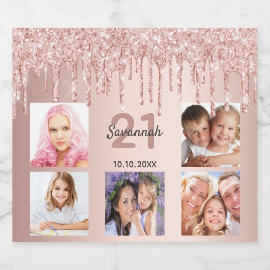 21e verjaardag zwart roos goud glitter druppelt fo sparkling wijnetiket (Enkel label)