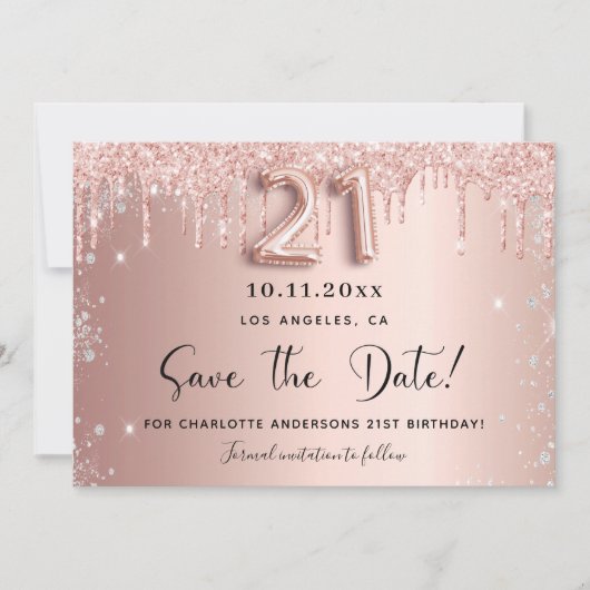 21e verjaardag, zwart roos goud zilver, met uitzon save the date (Voorkant)