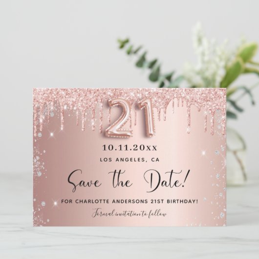 21e verjaardag, zwart roos goud zilver, met uitzon save the date (Staand voorkant)