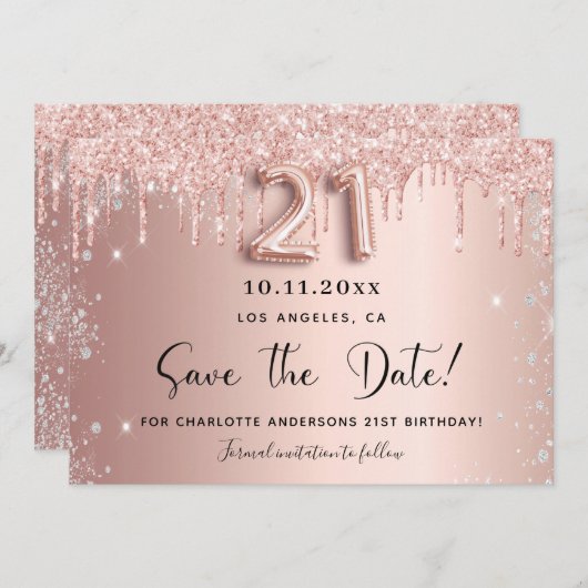 21e verjaardag, zwart roos goud zilver, met uitzon save the date (Voorkant / Achterkant)