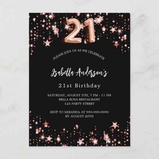 21e verjaardag zwart roos gouden sterren uitnodiging briefkaart (Voorkant)
