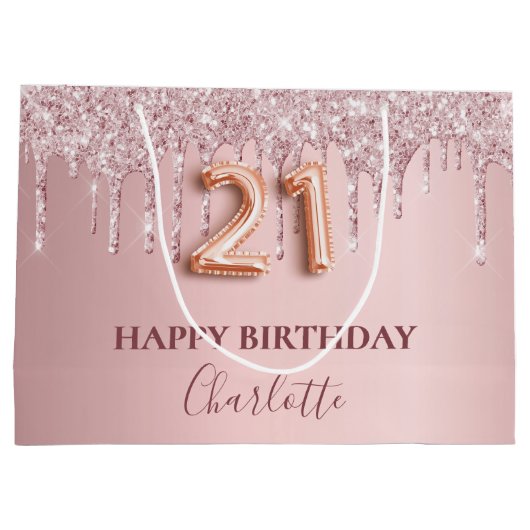 21e verjaardag zwart roze glitter druppelt monogra groot cadeauzakje (Achterkant)
