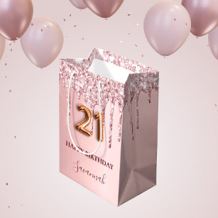 21e verjaardag zwart roze glitter druppelt monogra medium cadeauzakje