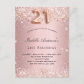 21e verjaardag zwart roze roze roos goud glitter s uitnodiging briefkaart (Voorkant)