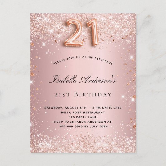 21e verjaardag zwart roze roze roos goud glitter s uitnodiging briefkaart (Voorkant)