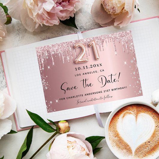 21e verjaardag zwart roze zilver met de datum save the date