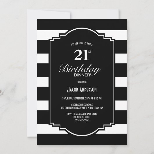 21e verjaardag zwart-wit gestreept diner kaart (Voorkant)