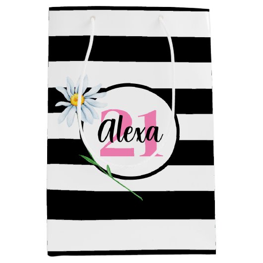 21e verjaardag zwart-wit strepen medium cadeauzakje (Voorkant)